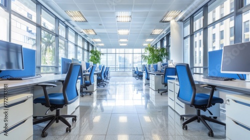 An office space devoid of people, featuring rows of blue and white chairs