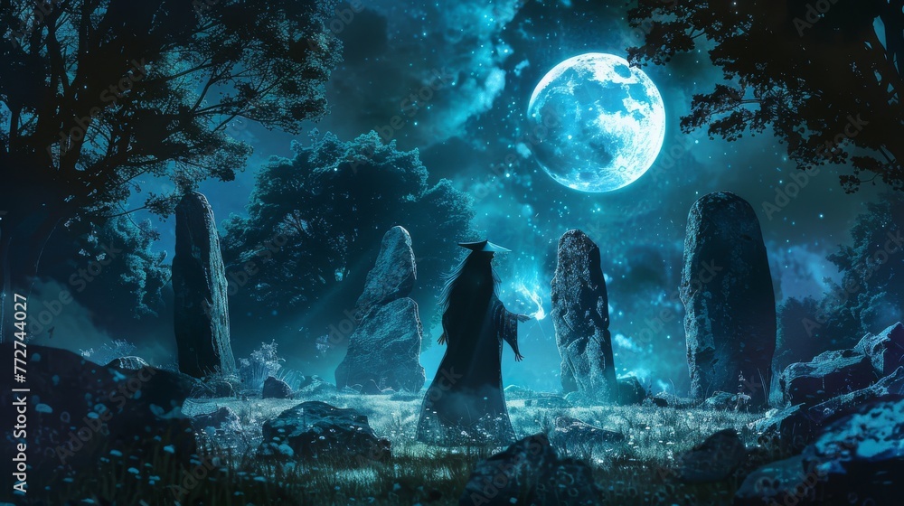 A cloaked sorcerer channels arcane energy among ancient standing stones under the radiant light of a full moon. - obrazy, fototapety, plakaty 
