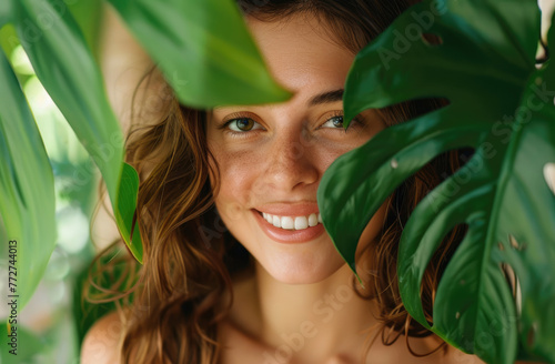 A closeup portrait of an attractive woman with wavy brown hair, smiling and holding large monstera leaves in front of her face