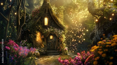 A quaint fairy-tale house enveloped in a blooming garden with twinkling lights, exuding a mystical ambiance.