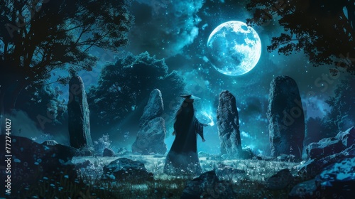 A cloaked sorcerer channels arcane energy among ancient standing stones under the radiant light of a full moon.