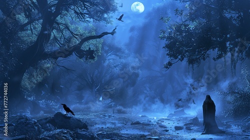 Under the glow of a full moon, a mysterious cloaked figure stands in the midst of a mystical, fog-enshrouded forest.