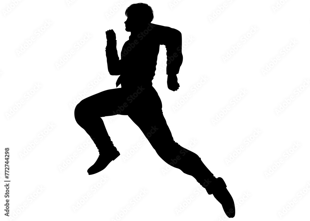 全力で走っているサラリーマン男性の全身横向きのシルエットのイラスト

