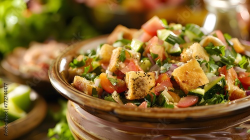 Enjoying a vibrant bowl of fattoush, adorned with a colorful medley of fresh vegetables ai image photo