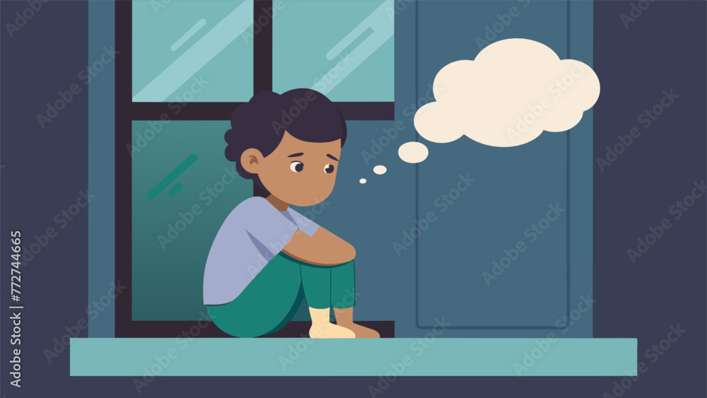 A child sitting by the window anxiously waiting for their parent to return with a thought bubble showing their worries and fears about being A child sitting by the window anxiously waiting for their parent to return with a thought bubble showing their worries and fears about being