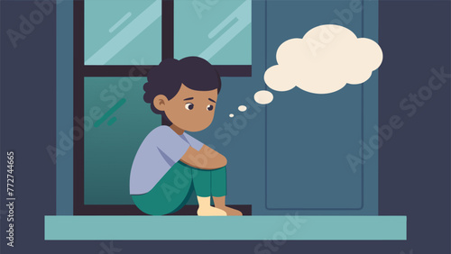 A child sitting by the window anxiously waiting for their parent to return with a thought bubble showing their worries and fears about being