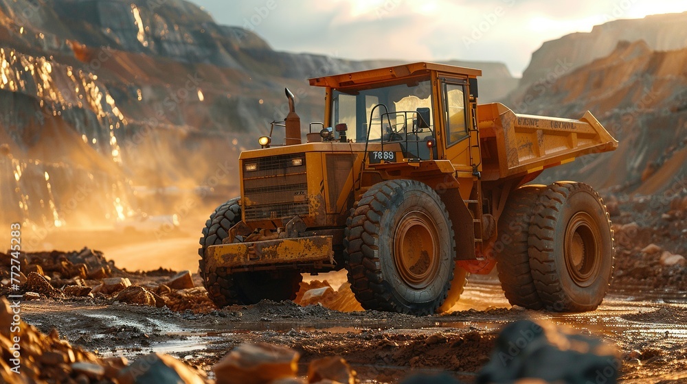 yellow grader digging the earth on a construction site at a diamond mine yellow grader digging the earth on a construction site at a diamond mine