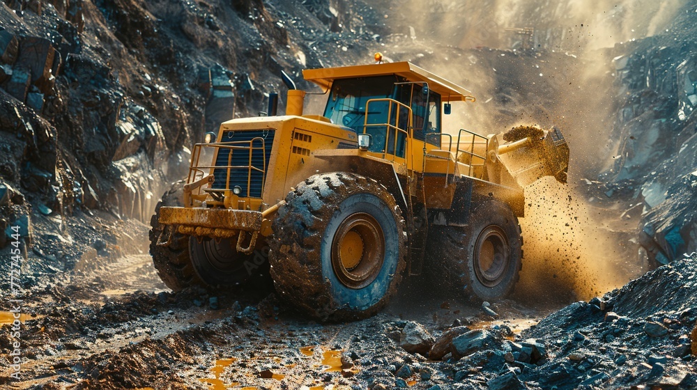 yellow grader digging the earth on a construction site at a diamond mine yellow grader digging the earth on a construction site at a diamond mine
