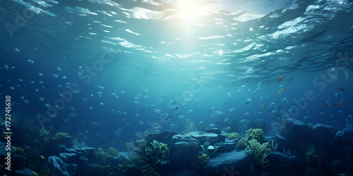 Blue sunlight illuminating underwater sea oceanic day deep diving aquatic world oceanic background © Hassan