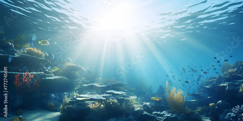Blue sunlight illuminating underwater sea marine life nature beauty blue background