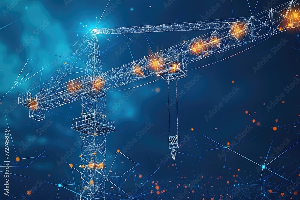 Construction Constellation Abstract Building Process with Tower Crane, Slab, and Low Poly