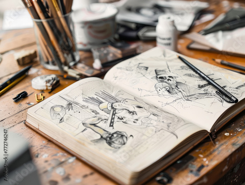An artist's workspace is captured, showcasing a sketchbook with detailed drawings alongside various drawing utensils and scattered art supplies, including a blank label