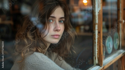 young woman with a sad face looking out of a window - symbol of depression and loneliness