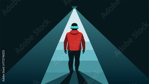 A person walking through a long narrow tunnel with blinders on representing both tunnel vision and the confirmation bias. photo