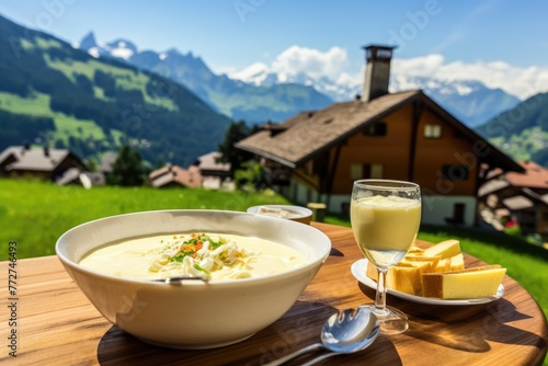 Swiss cheese fondue with alpine chalets in the background. photo