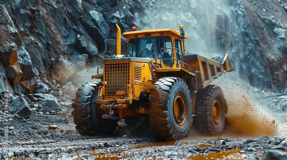 yellow grader digging the earth on a construction site at a diamond mine yellow grader digging the earth on a construction site at a diamond mine