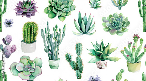 A collection of doodled succulents and cacti, each painted in watercolor with rich greens and soft purples, dotted across the canvas photo