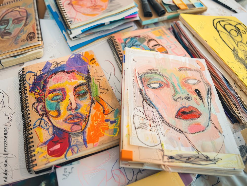 A lively composition of various sketches and vibrant paintings in a sketchbook, surrounded by colorful art supplies and pencils, complemented by a blank label on one of the pages