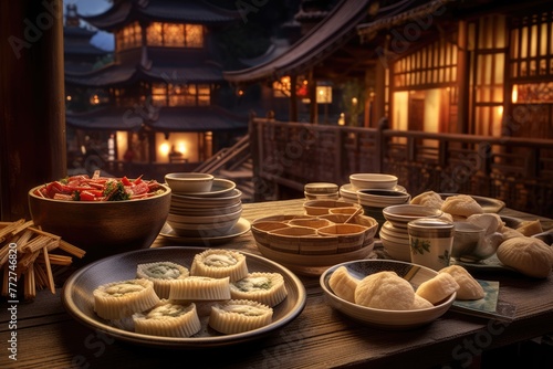 Dim sum assortment set against the backdrop of a historic Chinese village.