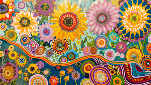 A whimsical trail of doodled daisies and sunflowers, leading the viewer's eye diagonally across the canvas photo
