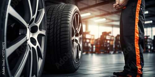 a close up of a tire of a car in a mechanic shop car service vehicle maintenance sunlight background