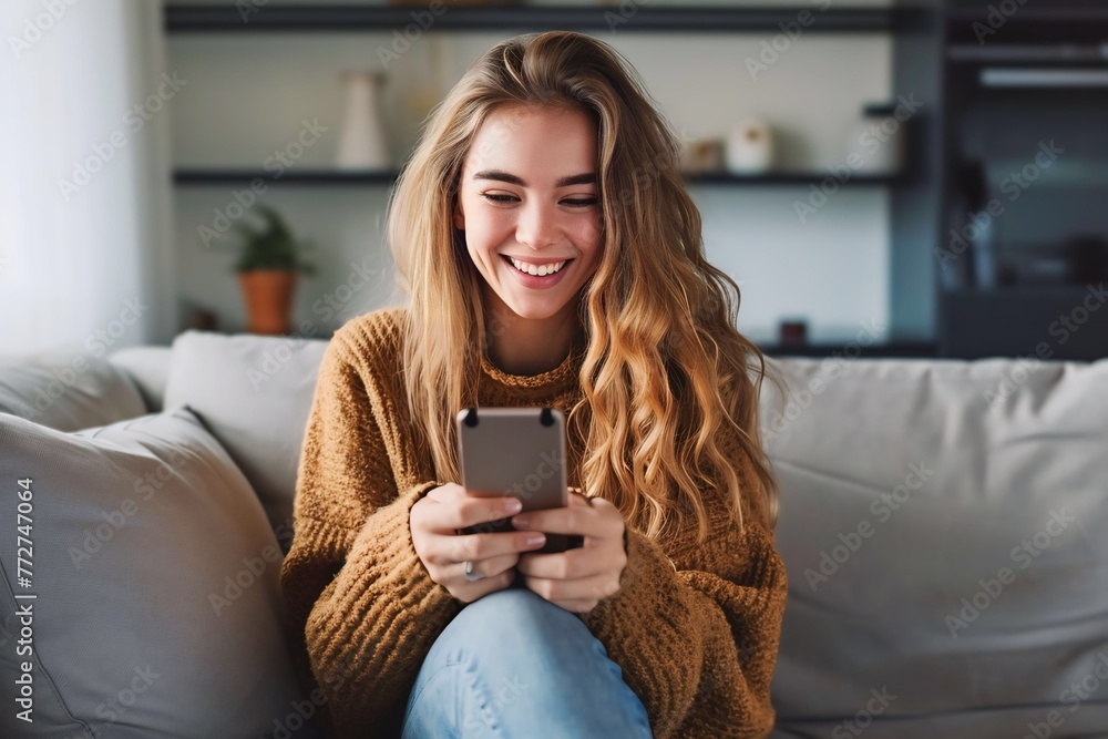 caucasian woman playing with smartphone while laughing caucasian woman playing with smartphone while laughing