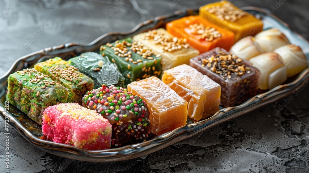 Sliced red turkish delight cubes close-up. National traditional Turkish sweets sprinkled with powdered sugar. Jelly natural bonbons Sliced red turkish delight cubes close-up. National traditional Turkish sweets sprinkled with powdered sugar. Jelly natural bonbons
