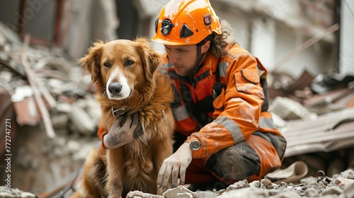 Rescue Dog Searcher on the Ruins of a Building After an Earthquake