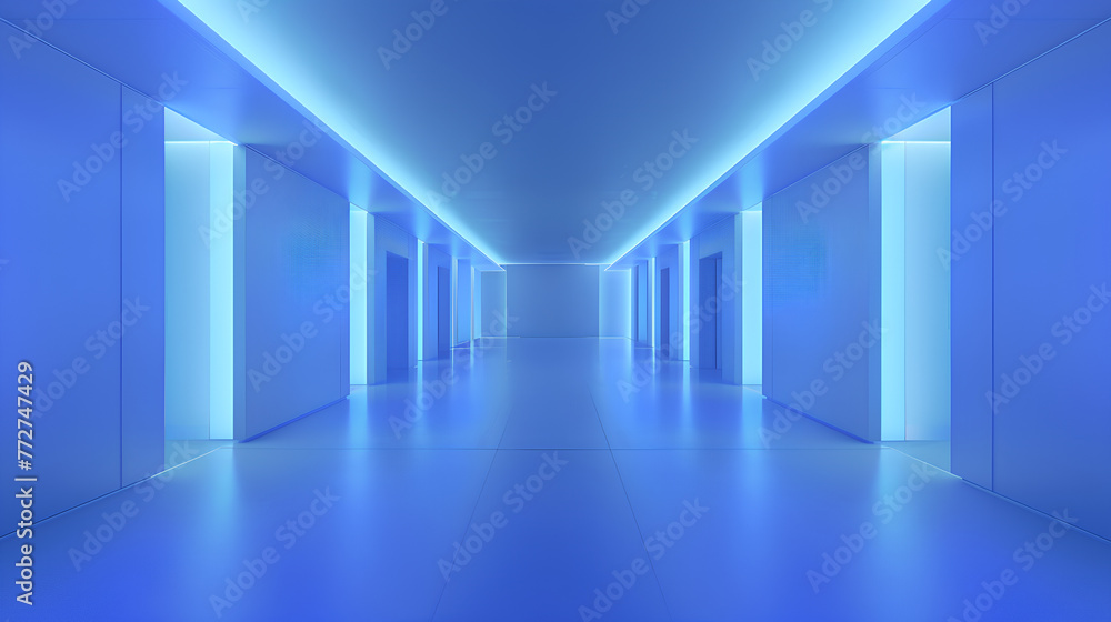 A long, empty hallway with white walls and a white ceiling. The walls are lined with white lights, creating a bright and sterile atmosphere