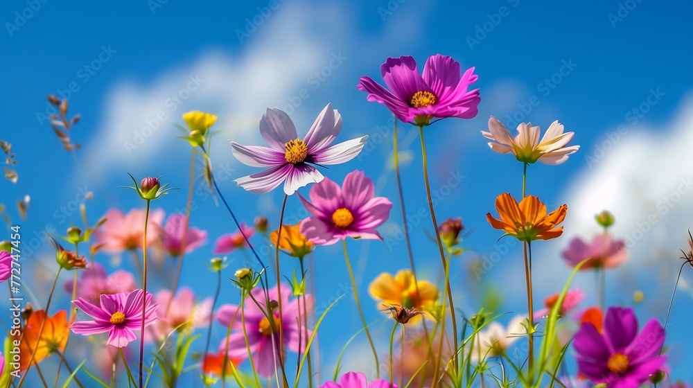 cosmos flowers in meadow in spring summer nature against blue sky