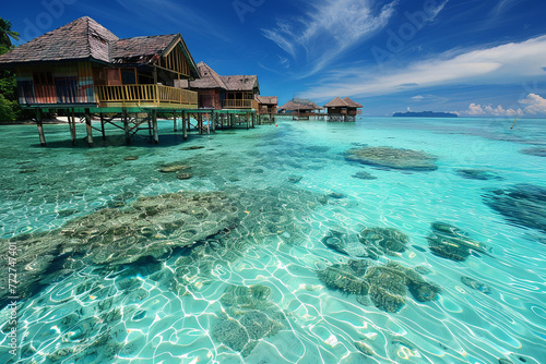 A traditional wooden village at the center of the sea © grey