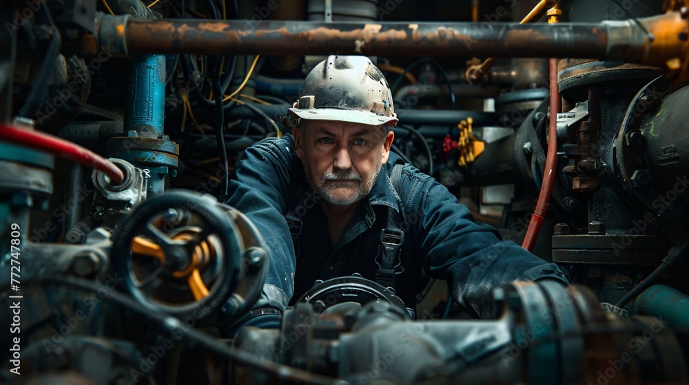 A plumber in deep concentration fixes a complex plumbing system, a study in focus and expertise