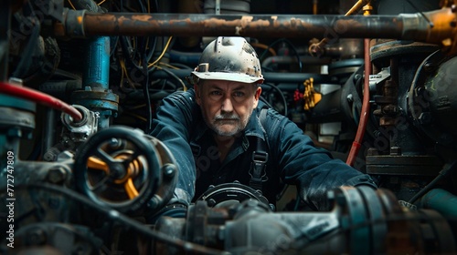 A plumber in deep concentration fixes a complex plumbing system, a study in focus and expertise