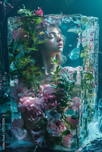 Dreamlike underwater scene with flora elements. An ethereal portrayal of a surreal underwater scene filled with lush flora, merging the boundaries between fantasy and reality photo
