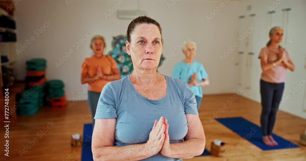 Senior woman, meditation and yoga class with prayer hands for spiritual wellness, balance or zen together. Elderly people or yogi group meditating for inner peace, awareness or exercise in fitness Senior woman, meditation and yoga class with prayer hands for spiritual wellness, balance or zen together. Elderly people or yogi group meditating for inner peace, awareness or exercise in fitness