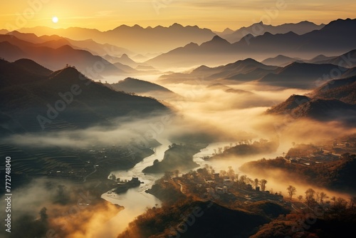 Sunrise and Mist Over Mountain Valley and River.  © kmmind