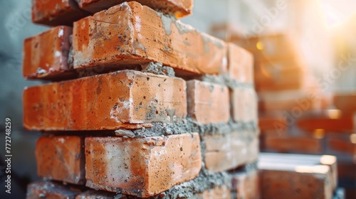 Brick wall in construction site, close-up. Construction concept photo
