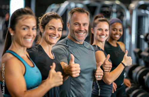 A group of friends giving thumbs up in the gym