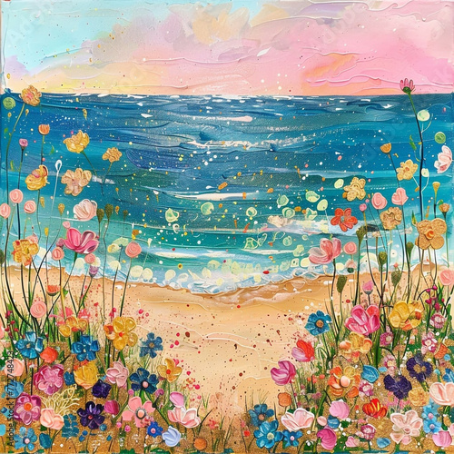 Ocean Waves Beach Wildflowers background