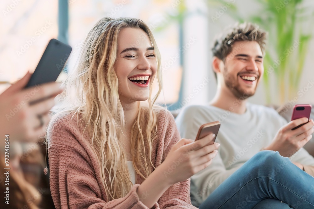 group woman and men playing mobile phones together happily group woman and men playing mobile phones together happily