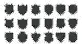 Shields icon set. Collection of security shield icons. Police badge shapes with contours and linear signs. Vector military shield silhouettes.