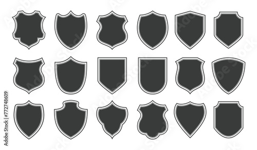 Shields icon set. Collection of security shield icons.  Police badge shapes with contours and linear signs. Vector military shield silhouettes.