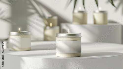 A solitary lit scented candle with a blank label on display set against a backdrop of more candles and white surfaces for a minimalist setting photo