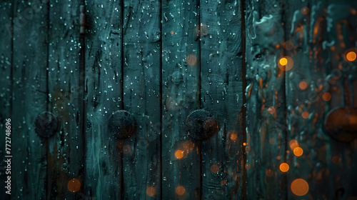 Close up of a wooden wall with rain drops creating a pattern on the surface