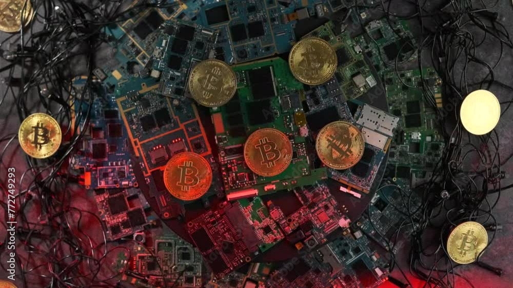 Mainboard motherboards in flashing neon red and blue lights close up