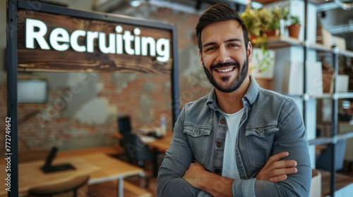 Recruit concept image with a modern caucasian young man recruitment consultant manager with casual attire in office next to a sign Recruiting photo