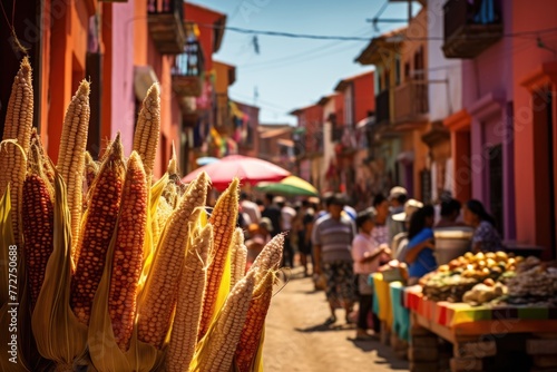 Mexican street corn on a festive market street in a traditional village.