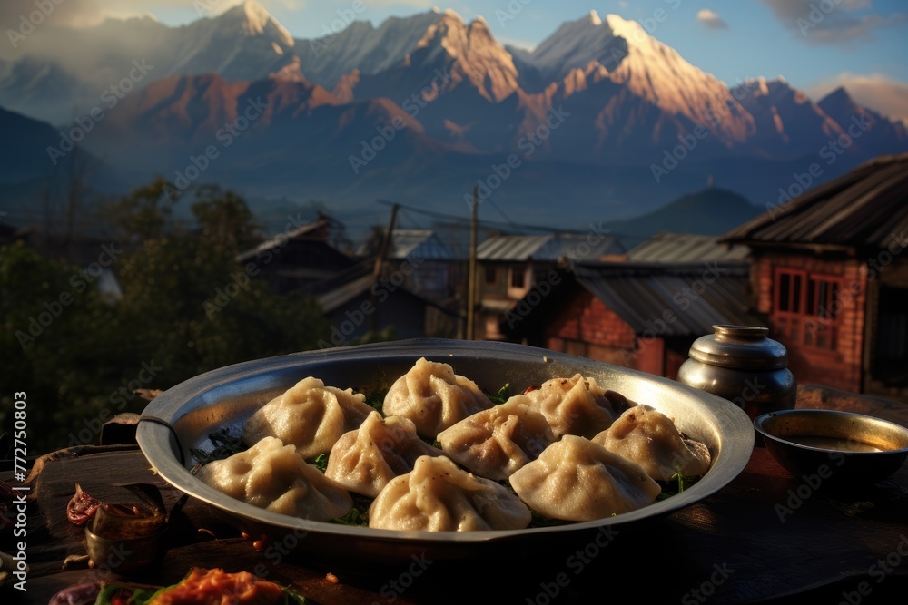 Nepalese momos with a backdrop of a Himalayan mountain village. - obrazy, fototapety, plakaty 