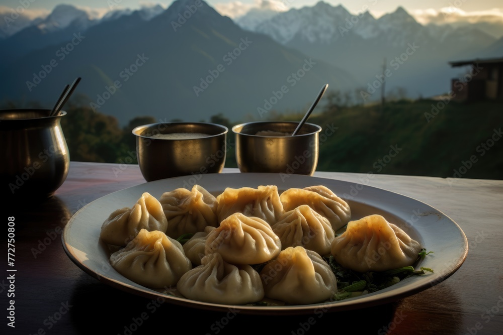 nepalese-momos-with-a-backdrop-of-a-himalayan-mountain-village-stock