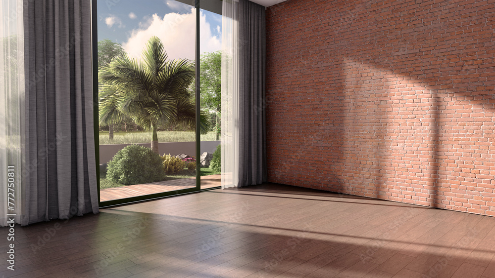 Fototapeta premium Modern empty living room with large window and curtains